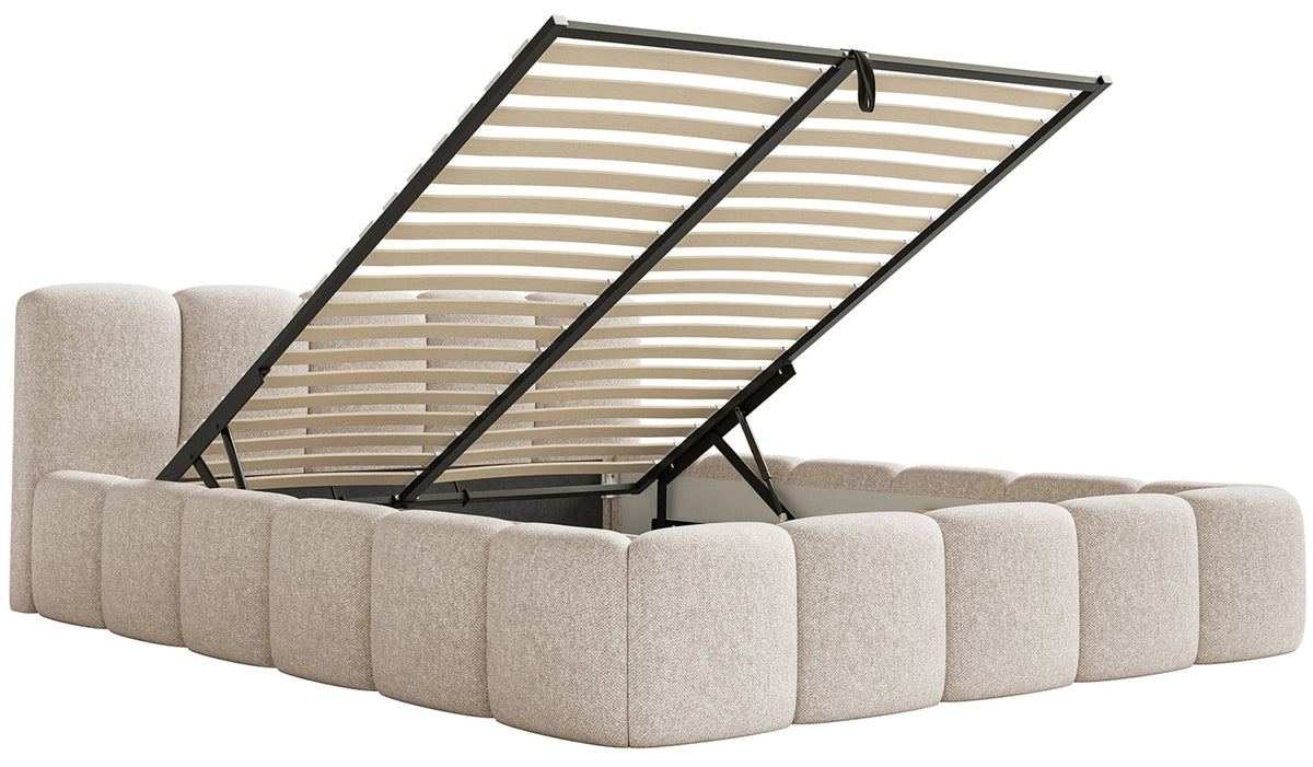 Polsterbett 140x200 cm Cloudy Low mit Stauraum, hellbeiger hydrophober Chenillebezug, Metallrahmen