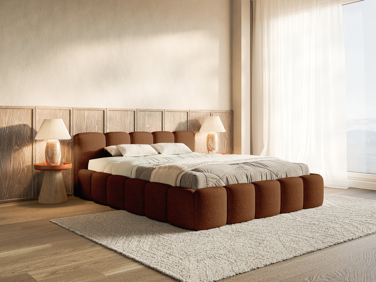 Polsterbett 160x200 cm Cloudy Low mit Stauraum, kupferfarbenes hydrophobes Chenille, Metallrahmen