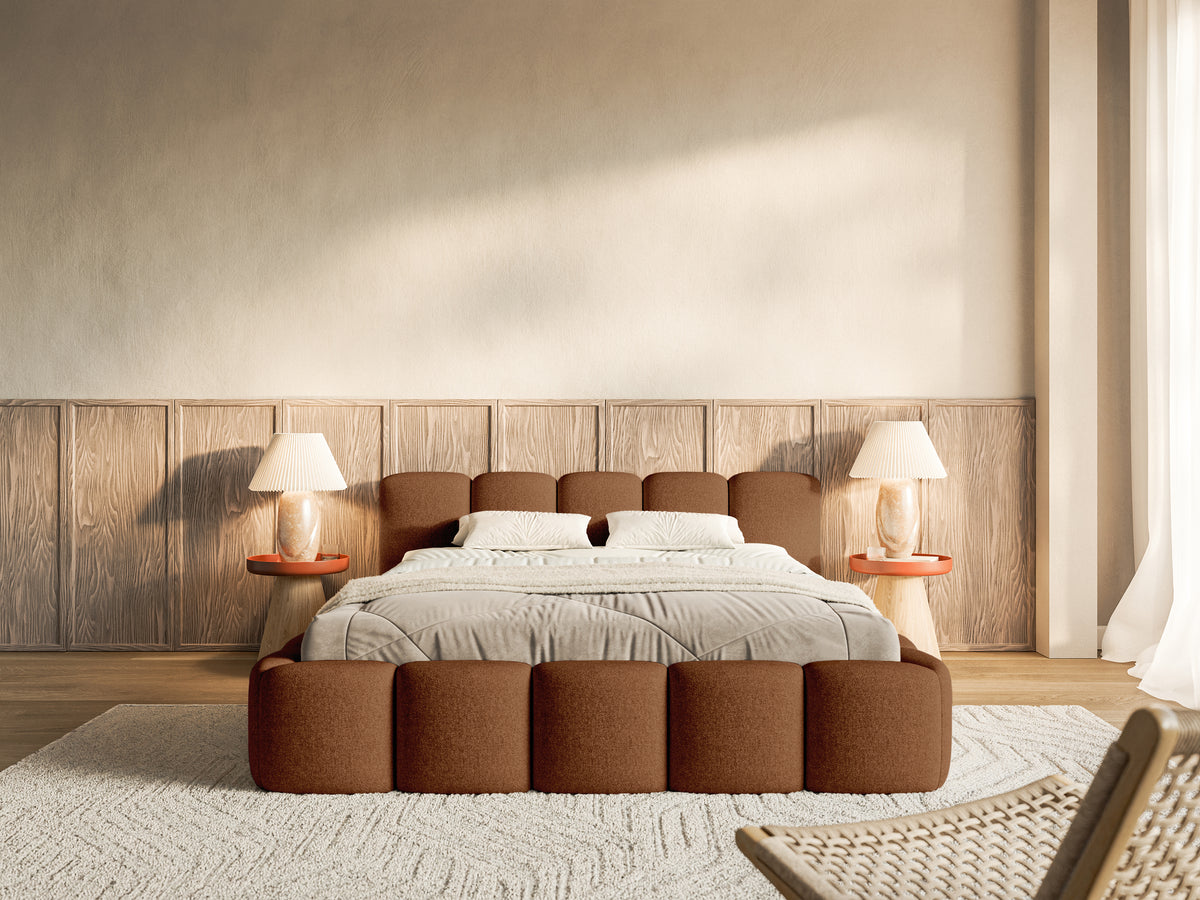 Polsterbett 160x200 cm Cloudy Low mit Stauraum, kupferfarbenes hydrophobes Chenille, Metallrahmen