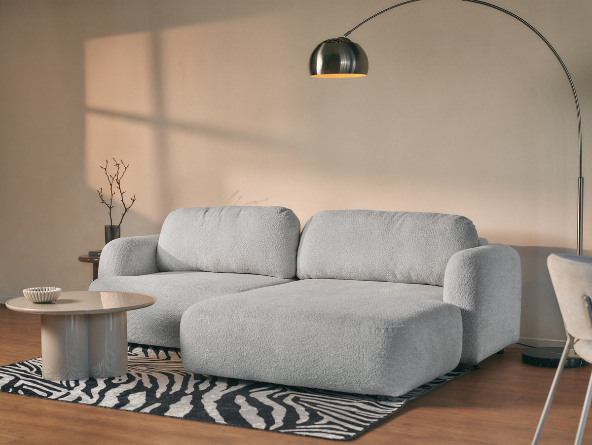 Canapé d'angle Tvoya en forme de L, droit, boucle gris clair avec fonction couchage