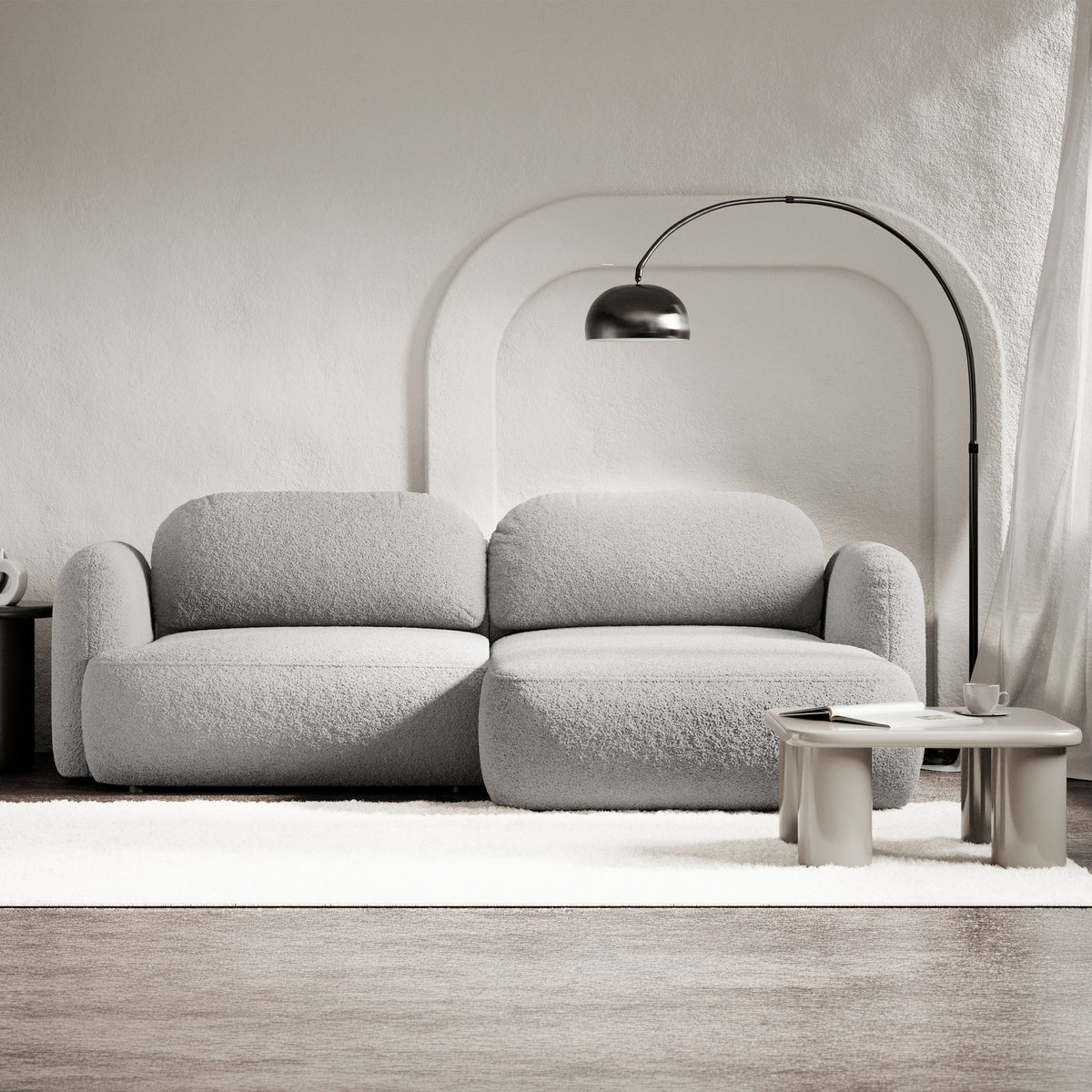 Canapé d'angle Tvoya en forme de L, droit, boucle gris clair avec fonction couchage