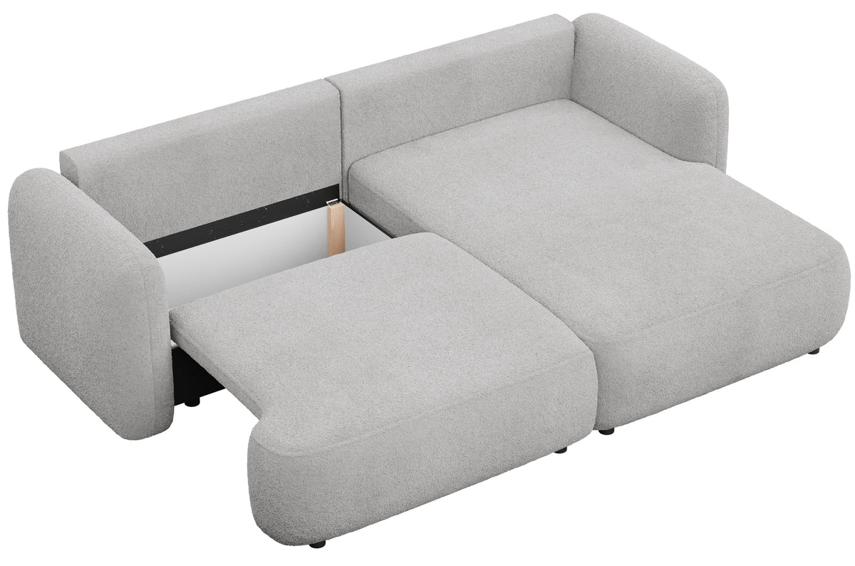 Canapé d'angle Tvoya en forme de L, droit, boucle gris clair avec fonction couchage