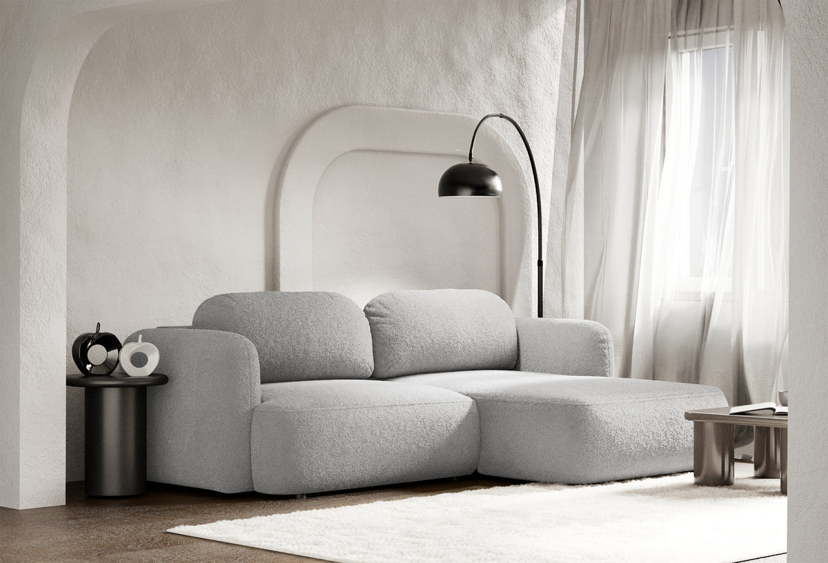 Canapé d'angle Tvoya en forme de L, droit, boucle gris clair avec fonction couchage