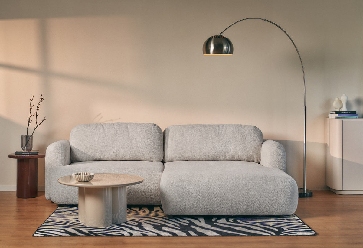 Canapé d'angle Tvoya en forme de L, droit, boucle gris clair avec fonction couchage