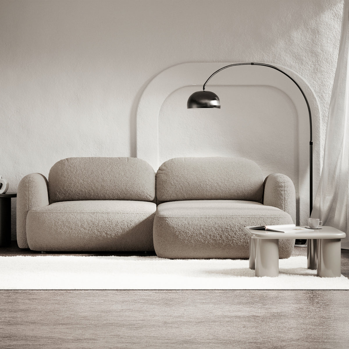 Canapé d'angle avec fonction couchage Tvoya en L, droit, boucle gris-beige