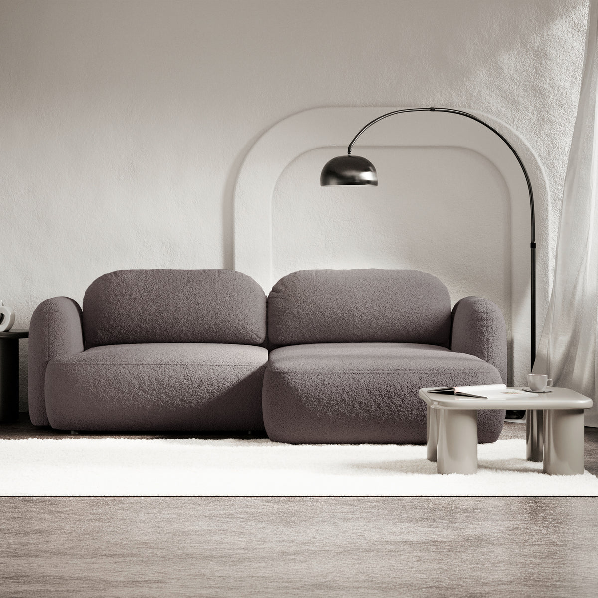 Canapé d'angle droit Tvoya L-shape gris-brun en bouclé avec fonction couchage