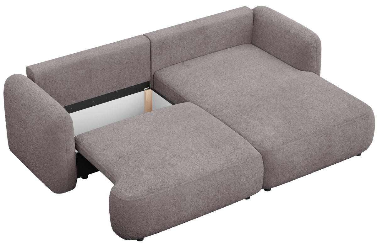 Ecksofa mit Schlaffunktion Tvoya, L-förmig, rechtsseitig, grau-braun Bouclé