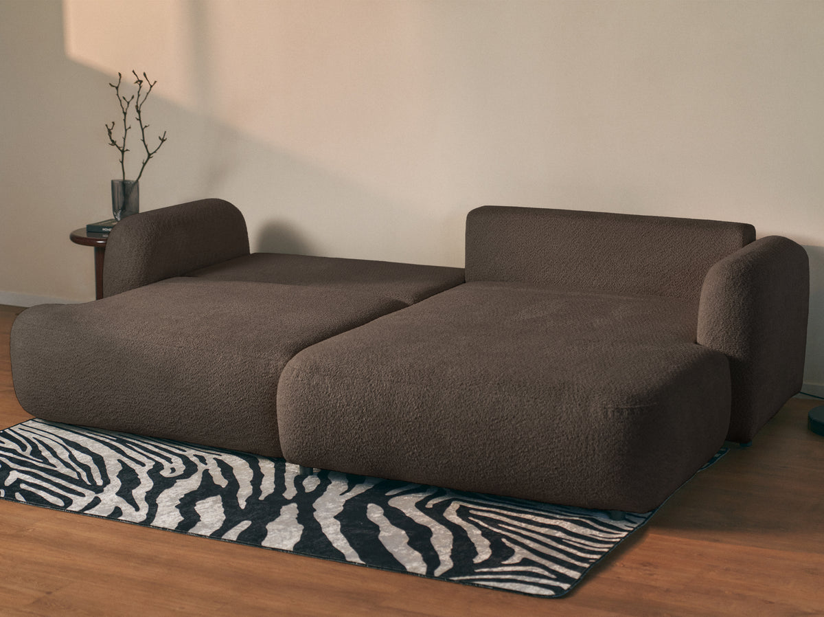 Canapé d'angle Tvoya en boucle brun, forme L, côté droit avec fonction couchage