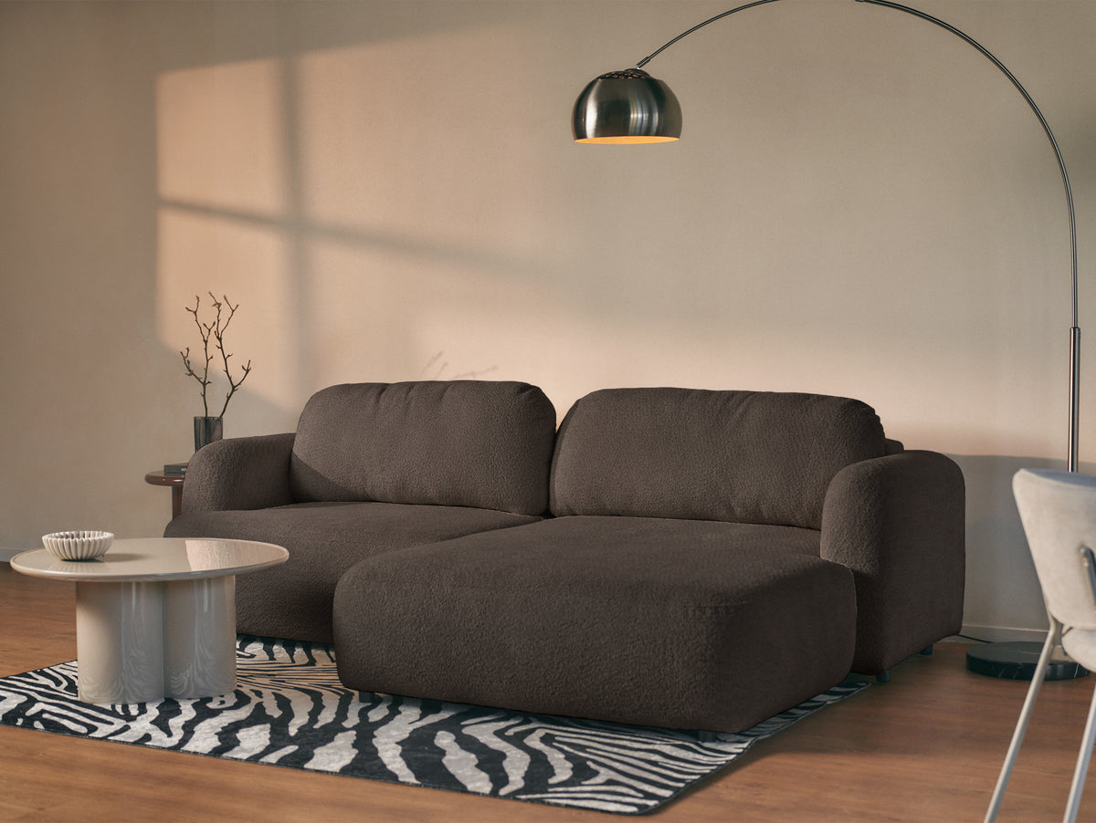 Canapé d'angle Tvoya en boucle brun, forme L, côté droit avec fonction couchage