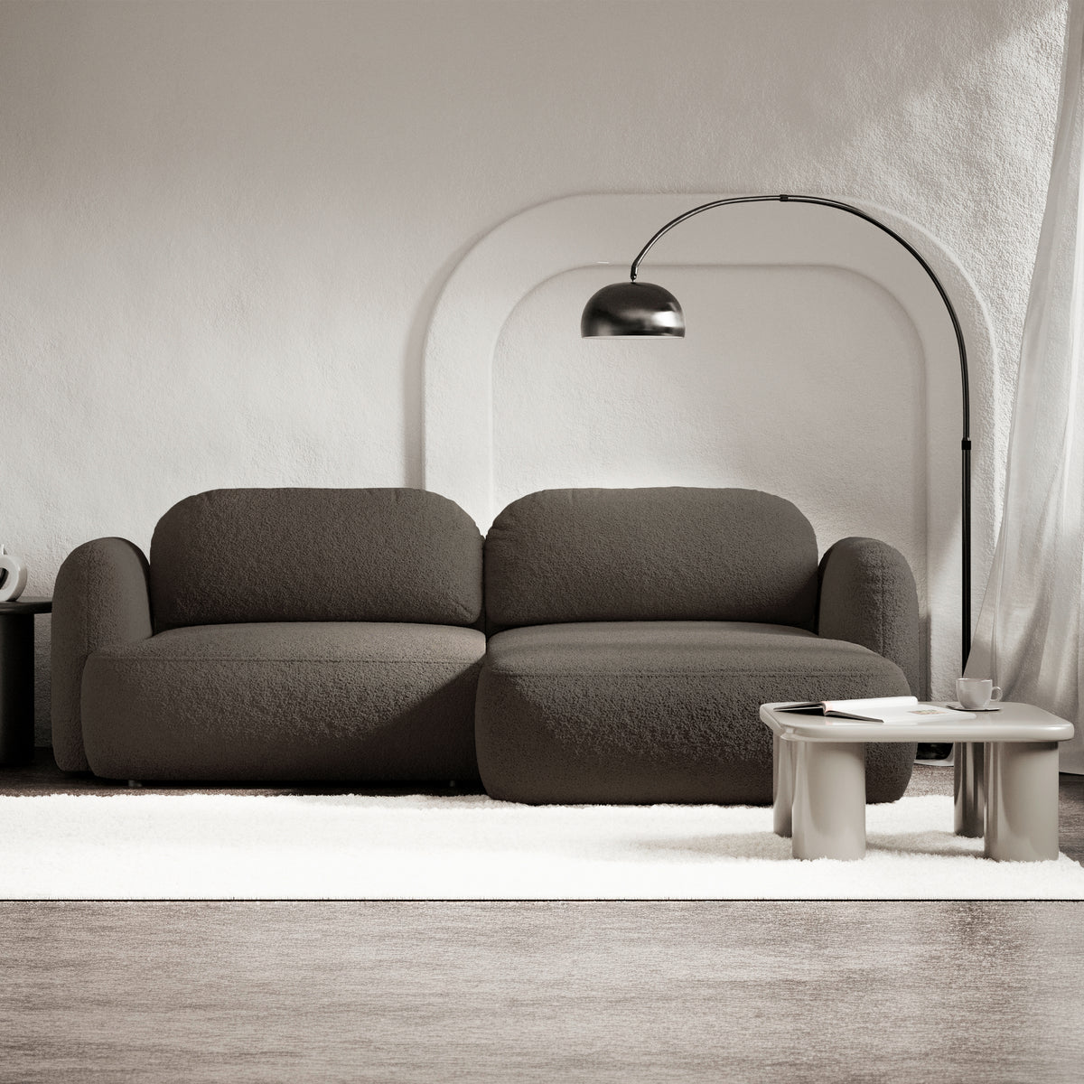 Canapé d'angle Tvoya en boucle brun, forme L, côté droit avec fonction couchage