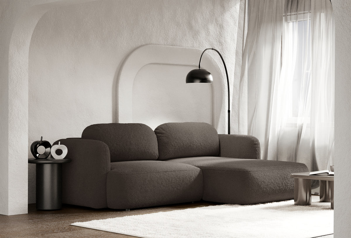 Canapé d'angle Tvoya en boucle brun, forme L, côté droit avec fonction couchage