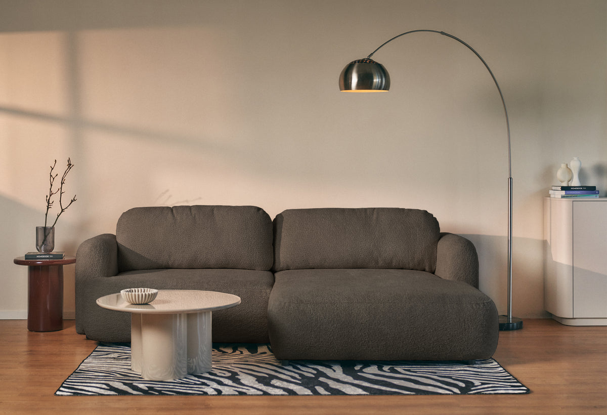 Canapé d'angle Tvoya en boucle brun, forme L, côté droit avec fonction couchage