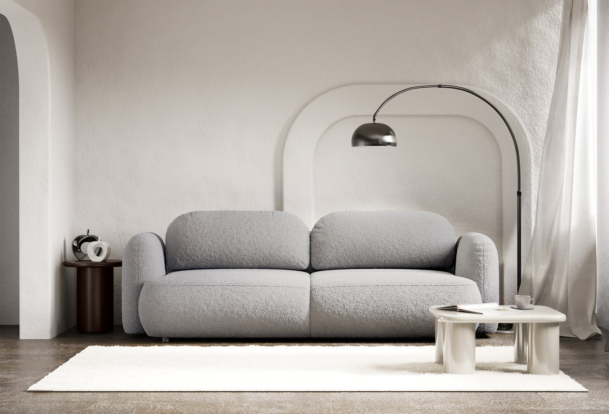 Canapé convertible trois places Tvoya en bouclé gris clair