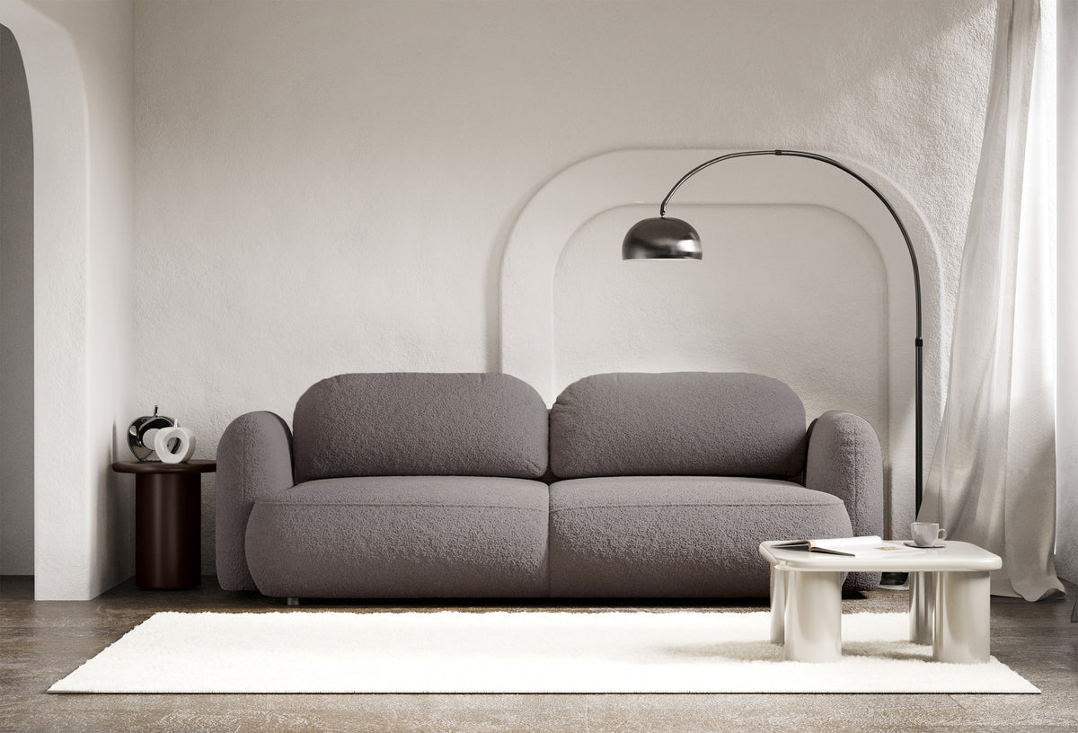 Dreisitziges ausklappbares Sofa Tvoya in graubraunem Bouclé
