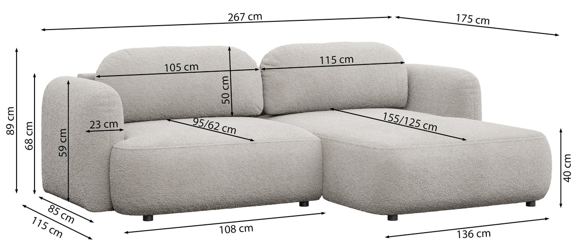 Ecksofa mit Schlaffunktion Tvoya, L-förmig, rechtsseitig, grau-braun Bouclé