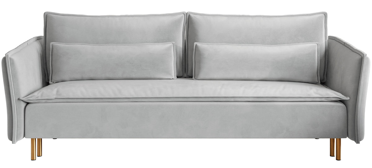 Canapé convertible 3 places Ummo avec coffre, velours hydrofuge gris clair, pieds dorés