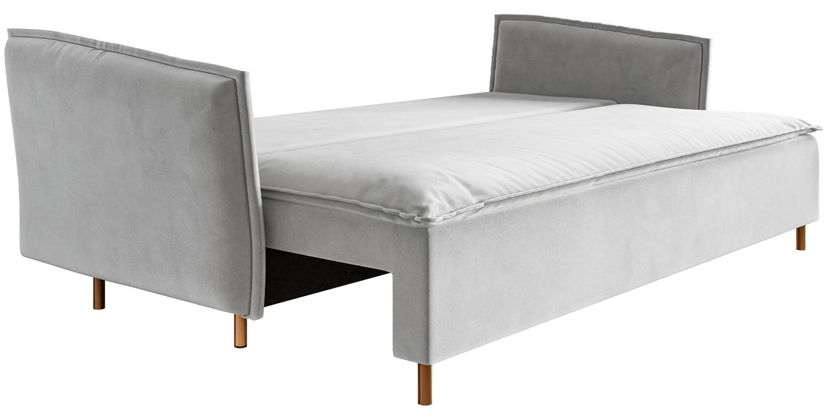 Dreisitziges ausklappbares Sofa Ummo mit Stauraum, hellgrauer wasserabweisender Velours, goldene Beine
