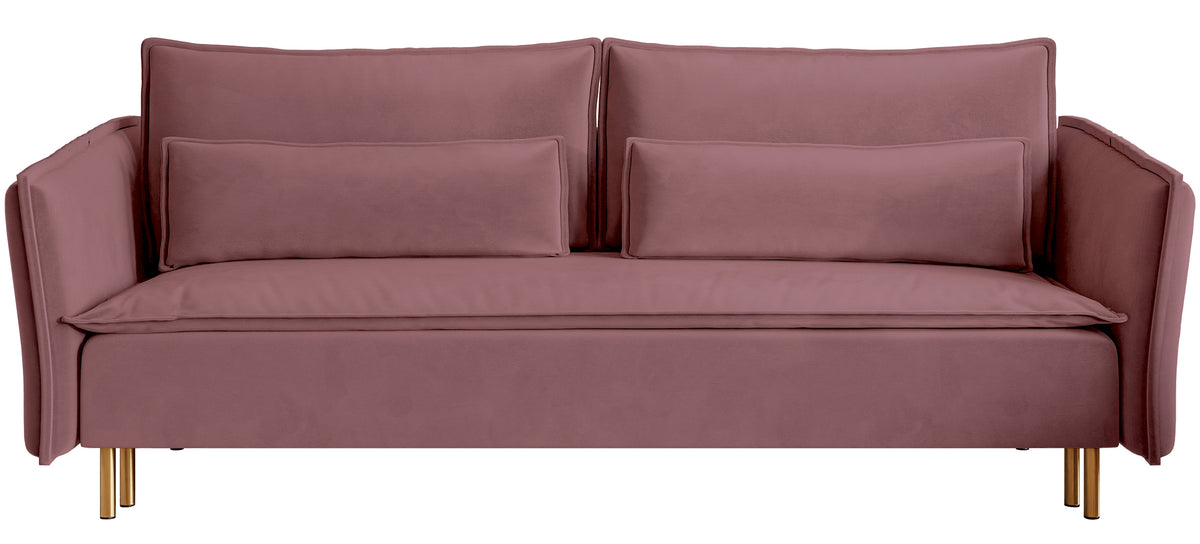 Dreisitziges Schlafsofa Ummo mit Stauraum, rosa Velours, wasserabweisend, goldene Beine