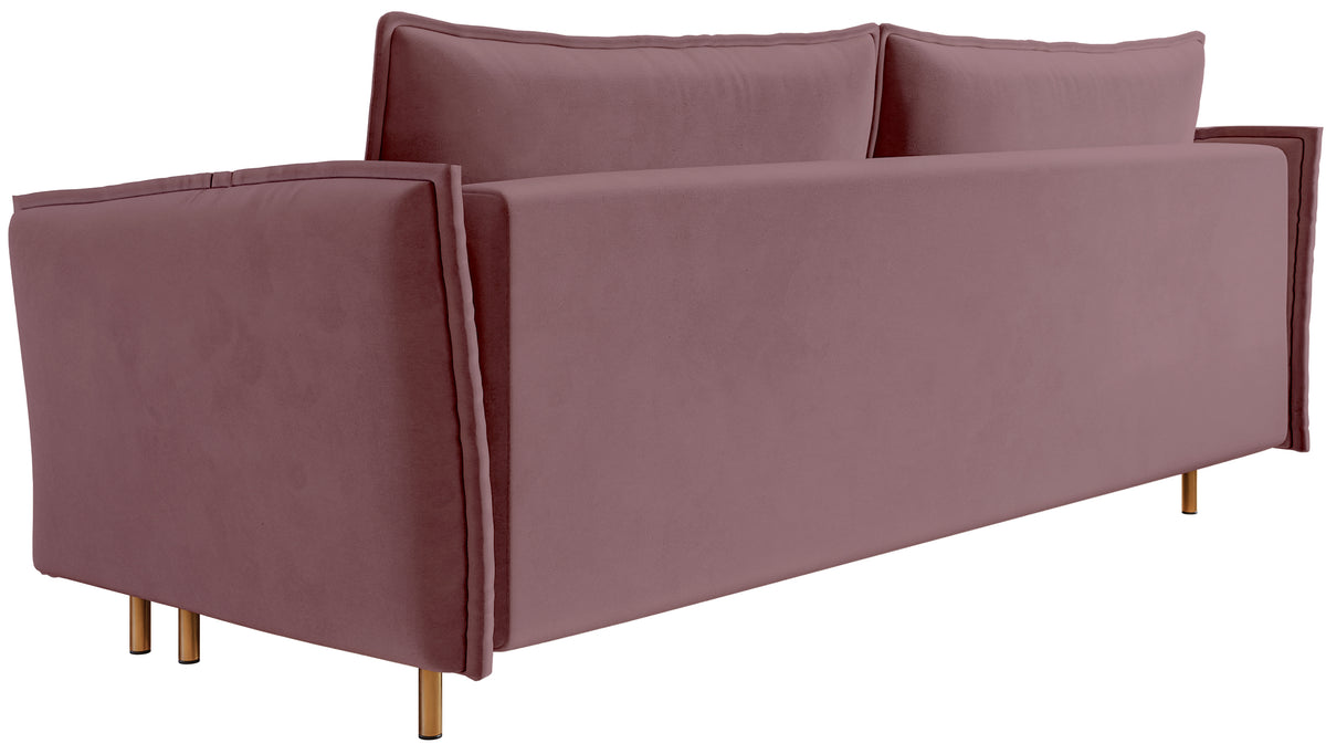 Dreisitziges Schlafsofa Ummo mit Stauraum, rosa Velours, wasserabweisend, goldene Beine