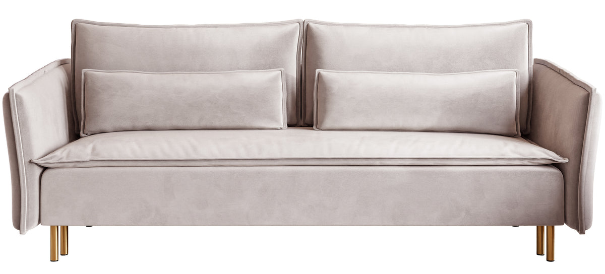 Canapé convertible 3 places Ummo avec coffre, velours hydrofuge gris-beige, pieds dorés