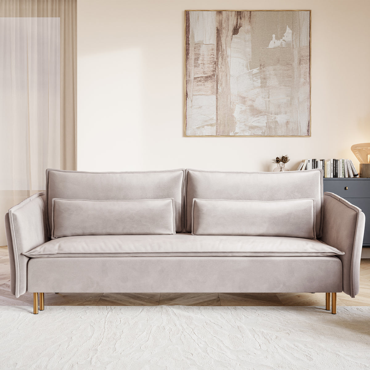 Canapé convertible 3 places Ummo avec coffre, velours hydrofuge gris-beige, pieds dorés