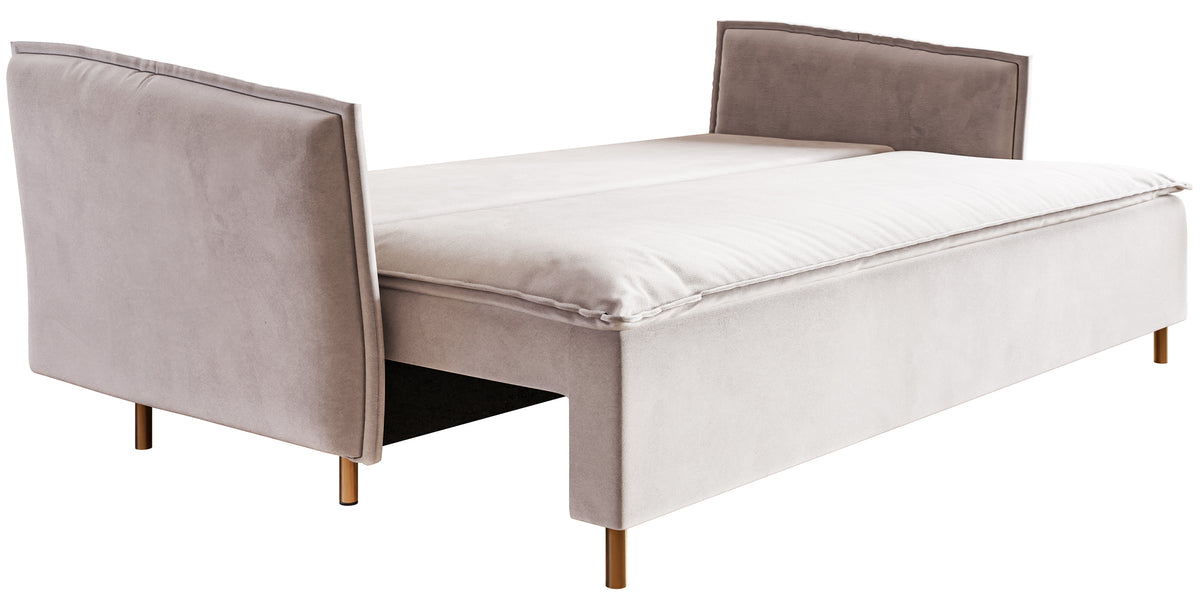 Dreisitziges ausklappbares Sofa Ummo mit Stauraum, grau-beiger hydrophober Samt, goldene Beine
