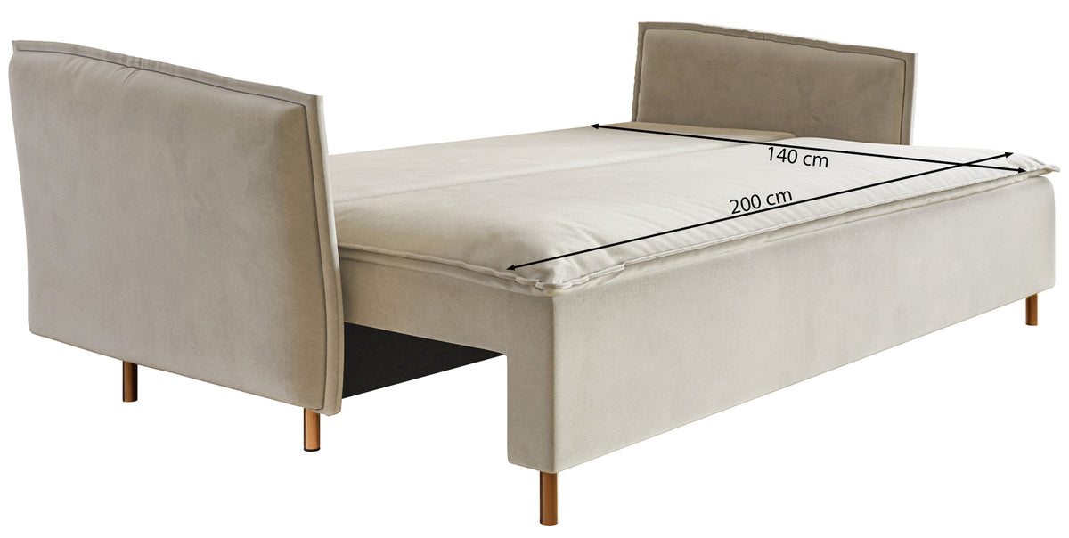 Dreisitziges ausklappbares Sofa Ummo mit Stauraum, grau-beiger hydrophober Samt, goldene Beine