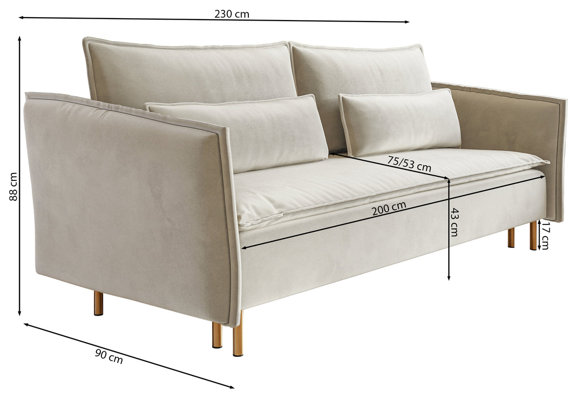 Dreisitziges ausklappbares Sofa Ummo mit Stauraum, grau-beiger hydrophober Samt, goldene Beine