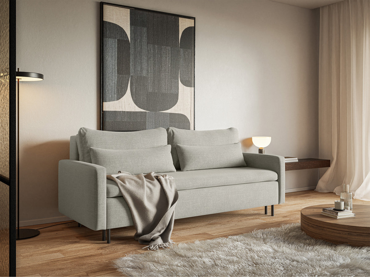 Canapé convertible 3 places Umpro avec coffre, chenille gris beige
