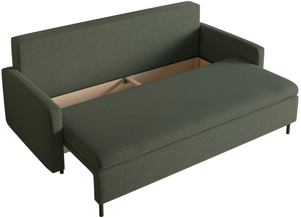 Dreisitziges ausklappbares Sofa Umpro mit Stauraum, dunkelgrüner Chenille, leicht zu reinigen