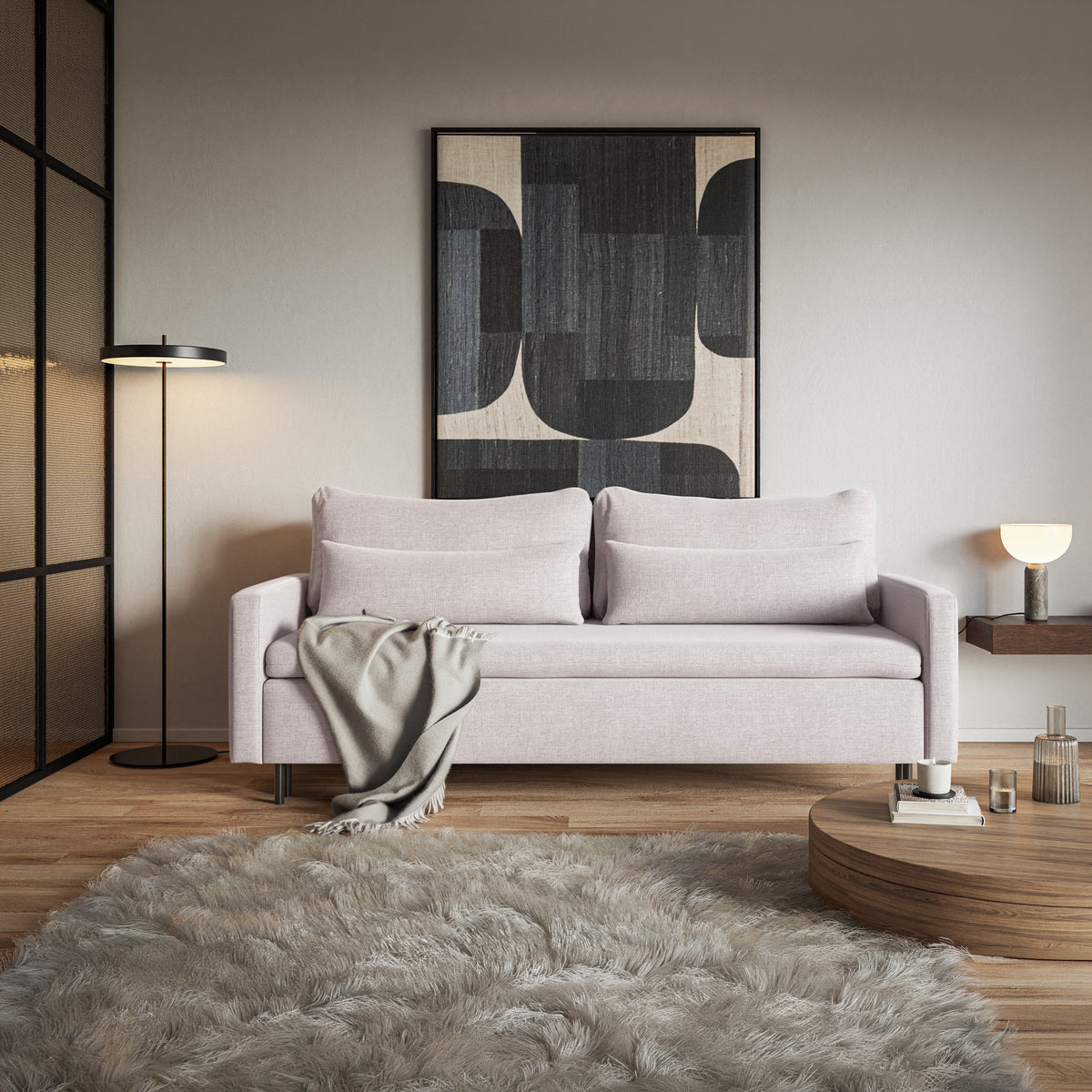 Canapé convertible 3 places Umpro avec coffre, tissu chenille beige clair facile à nettoyer