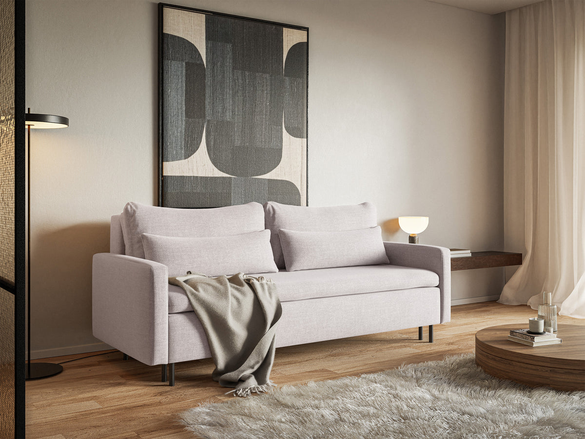 Canapé convertible 3 places Umpro avec coffre, tissu chenille beige clair facile à nettoyer
