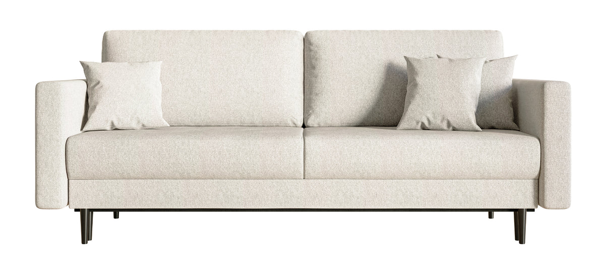 Canapé convertible 3 places Valico crème en tissu chenille facile à nettoyer, pieds noirs