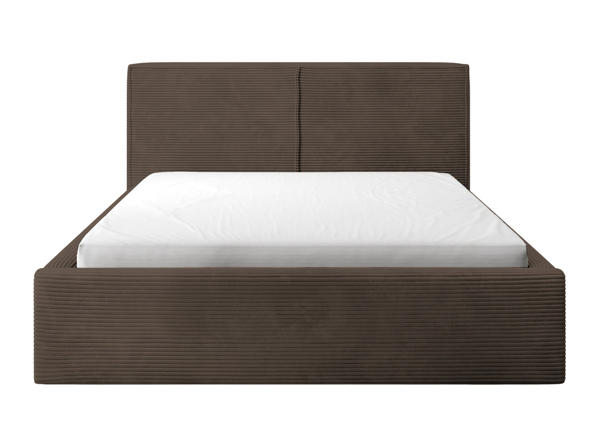 Lit tapissé 160x200 cm Farese avec rangement et vérin à gaz, velours côtelé brun foncé