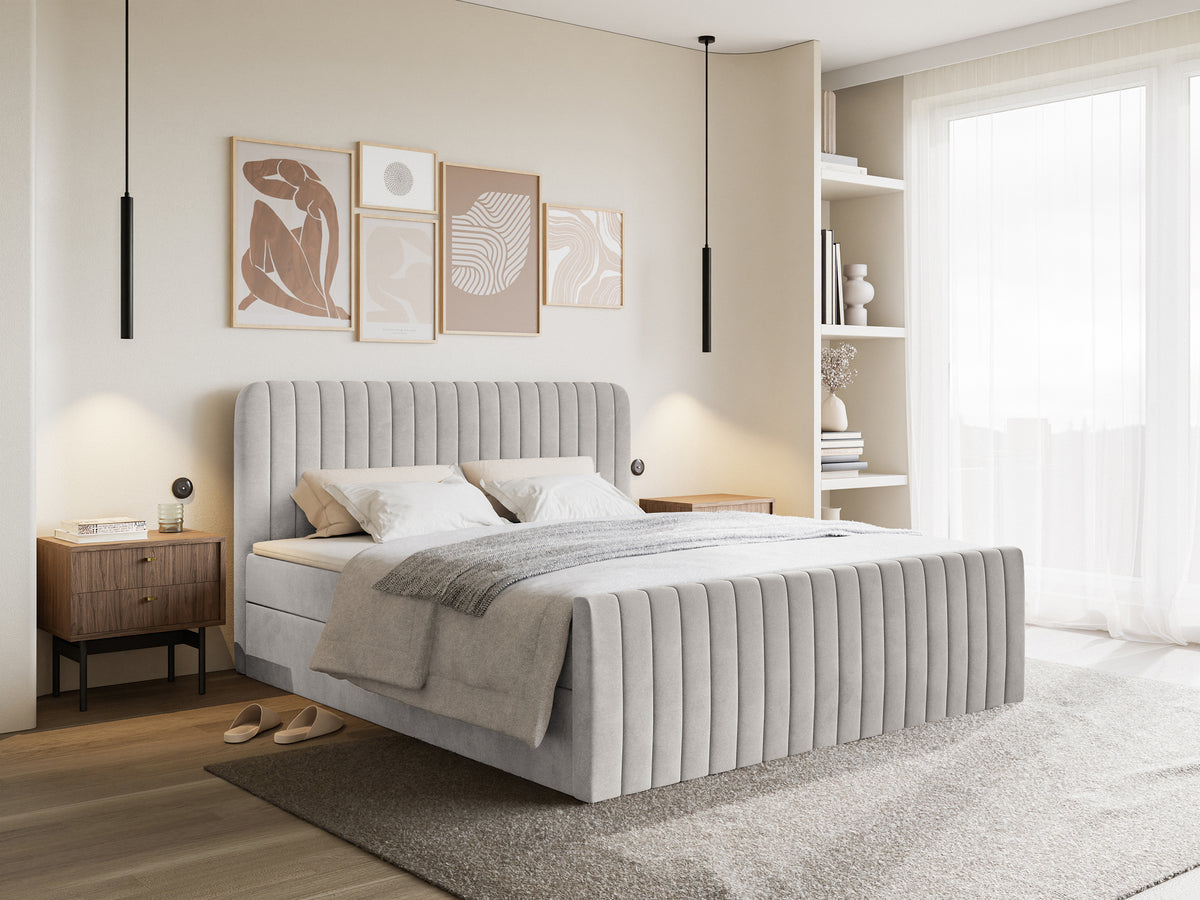 Lit continental 180x200 cm Saliano avec rangements et surmatelas en velours gris-beige