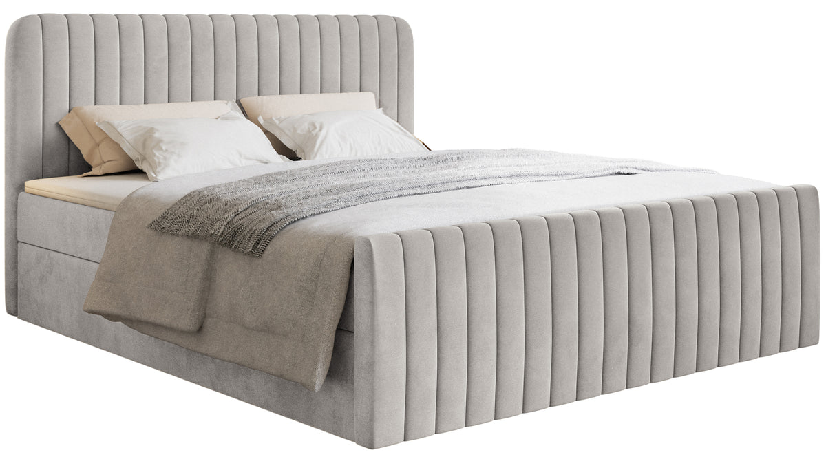 Lit continental 180x200 cm Saliano avec rangements et surmatelas en velours gris-beige