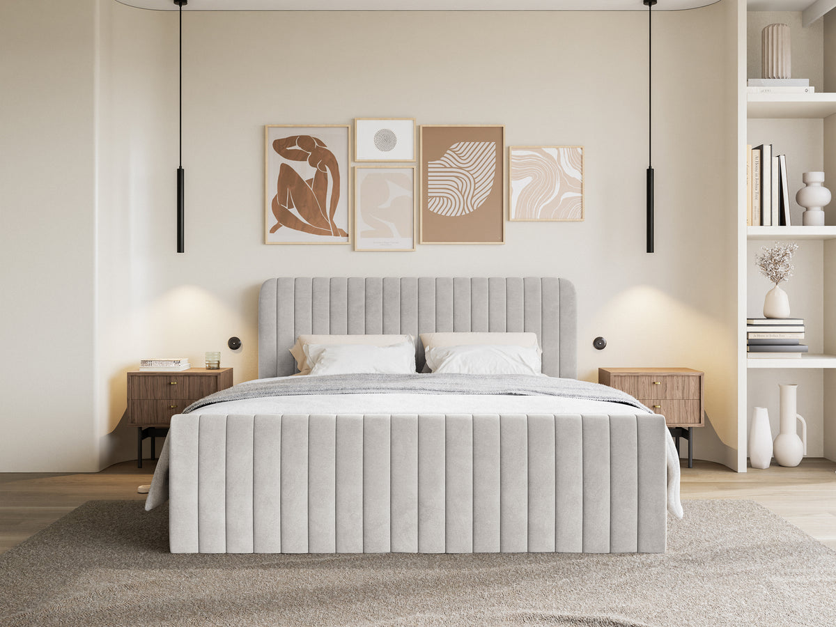 Kontinentalbett 180x200 cm Saliano mit Stauraum und Topper, grau-beiger Samt