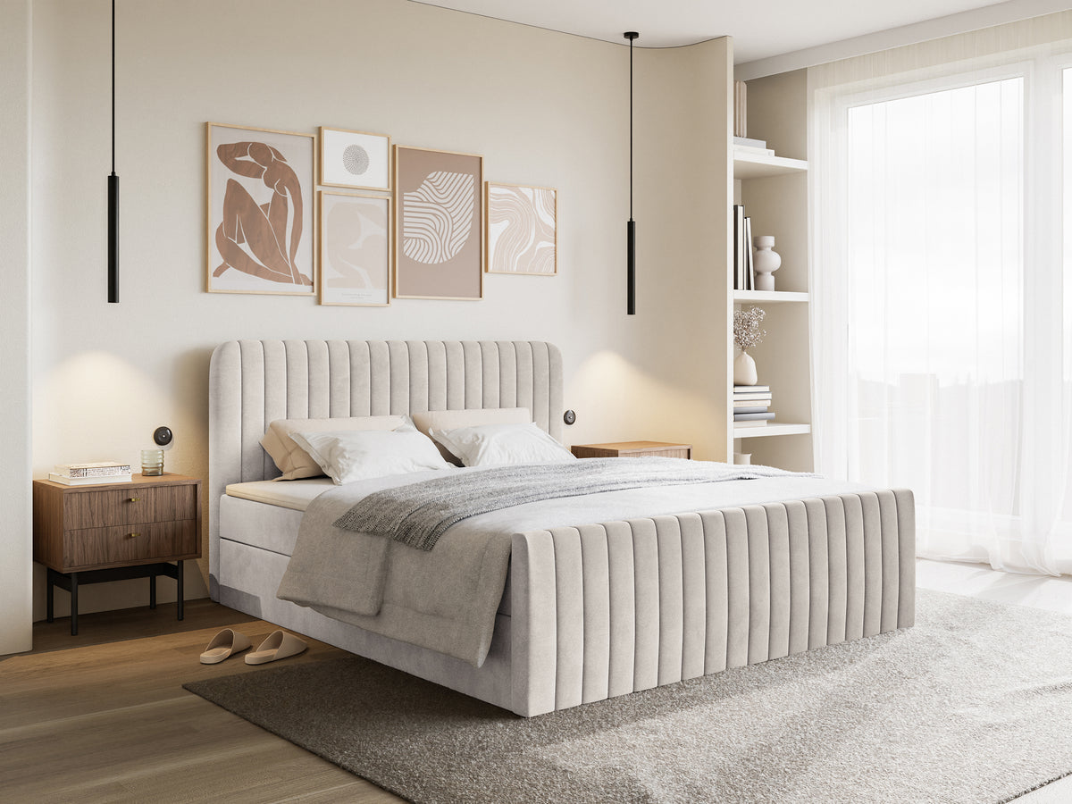 Kontinentalbett 160x200 cm Saliano mit Stauraum und Topper, beige Velours