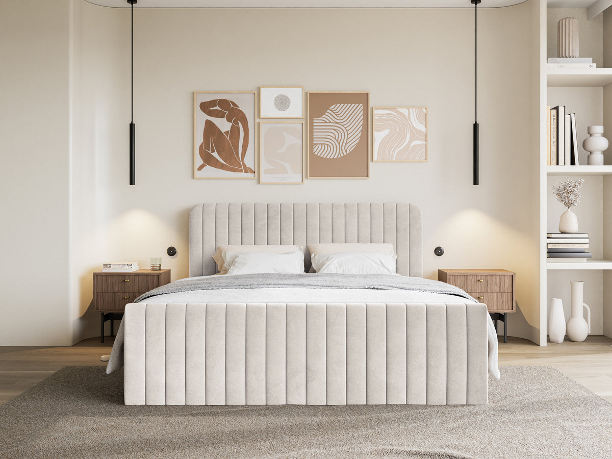 Kontinentalbett 160x200 cm Saliano mit Stauraum und Topper, beige Velours