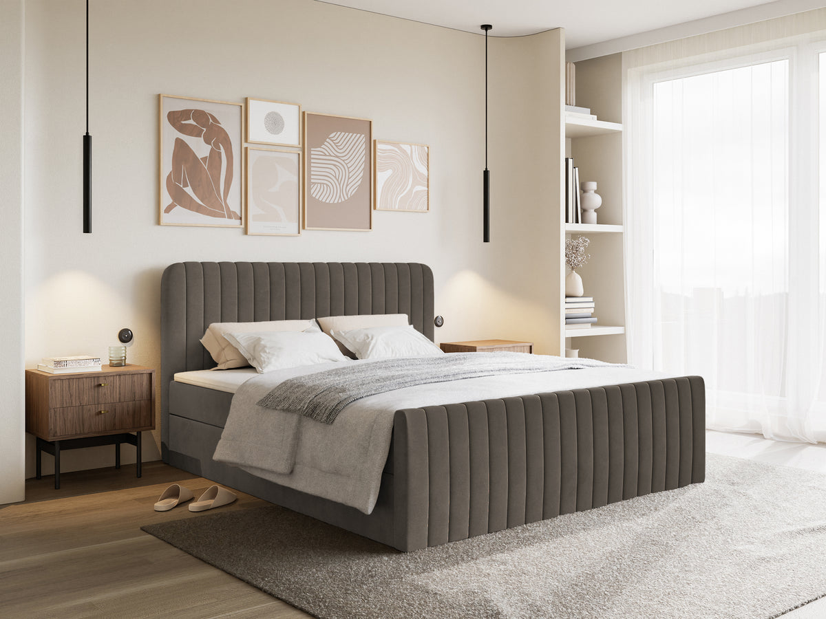 Kontinentales Bett 200x200 cm Saliano mit Stauraum und Topper, brauner Samt