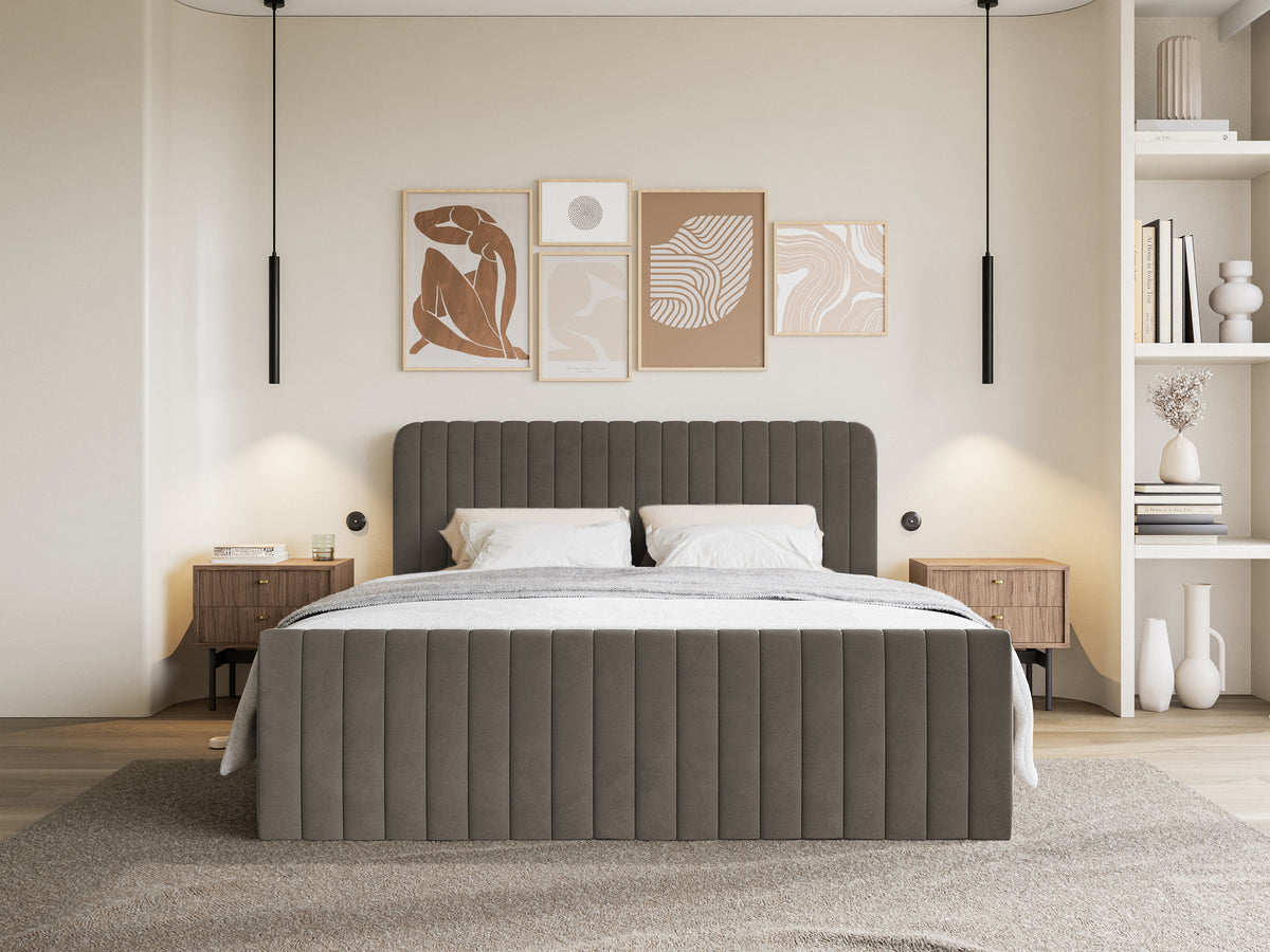 Kontinentales Bett 200x200 cm Saliano mit Stauraum und Topper, brauner Samt