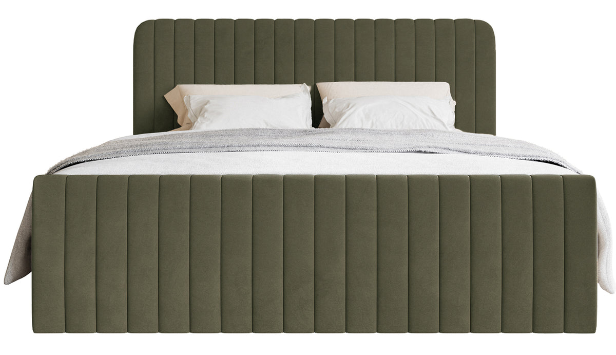 Kontinentales Bett 140x200 cm Saliano mit Stauraum und Topper, olivgrüner Samt