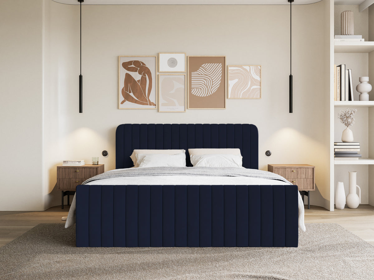 Kontinentalbett 160x200 cm Saliano mit Stauraum und Topper, Samt in Marineblau