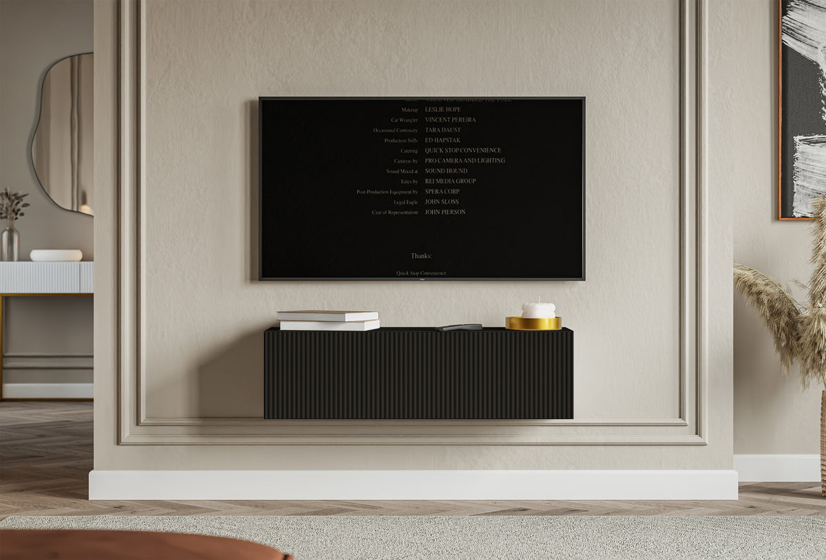 Meuble TV suspendu Veldio 1 porte avec façade rainurée 100 cm noir