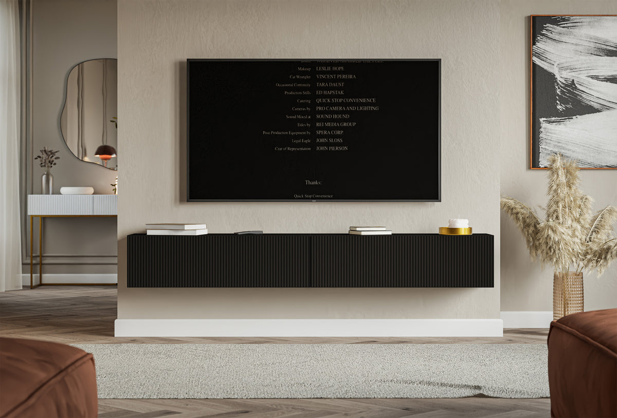 Meuble TV suspendu Veldio 2 portes avec façade rainurée 200 cm noir