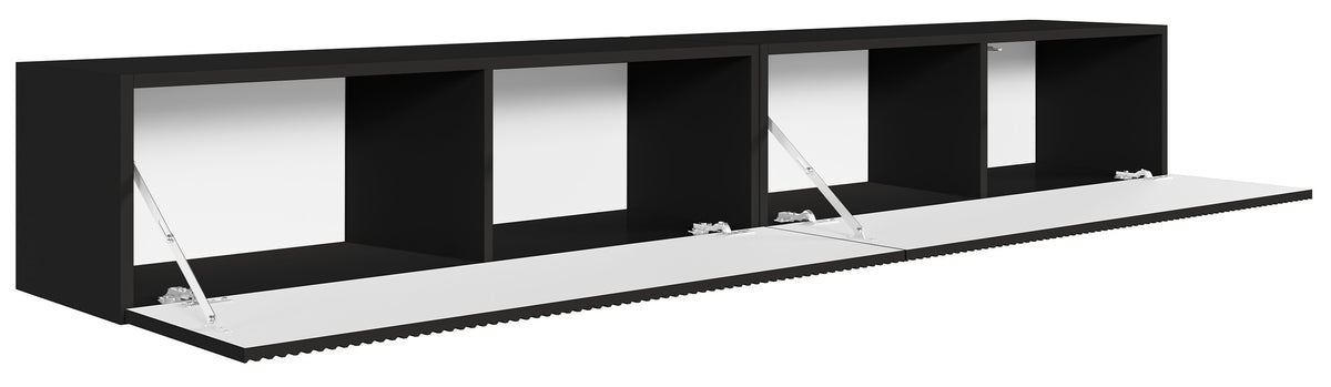 Meuble TV suspendu Veldio 2 portes avec façade rainurée 200 cm noir
