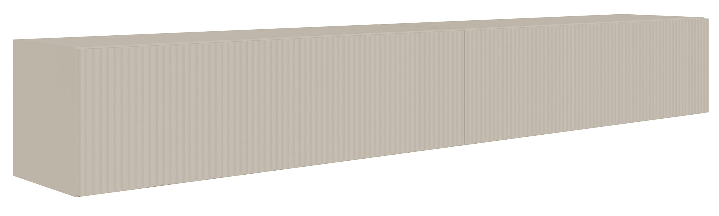 Meuble TV suspendu Veldio avec deux portes et façade cannelée, 200 cm, gris-beige