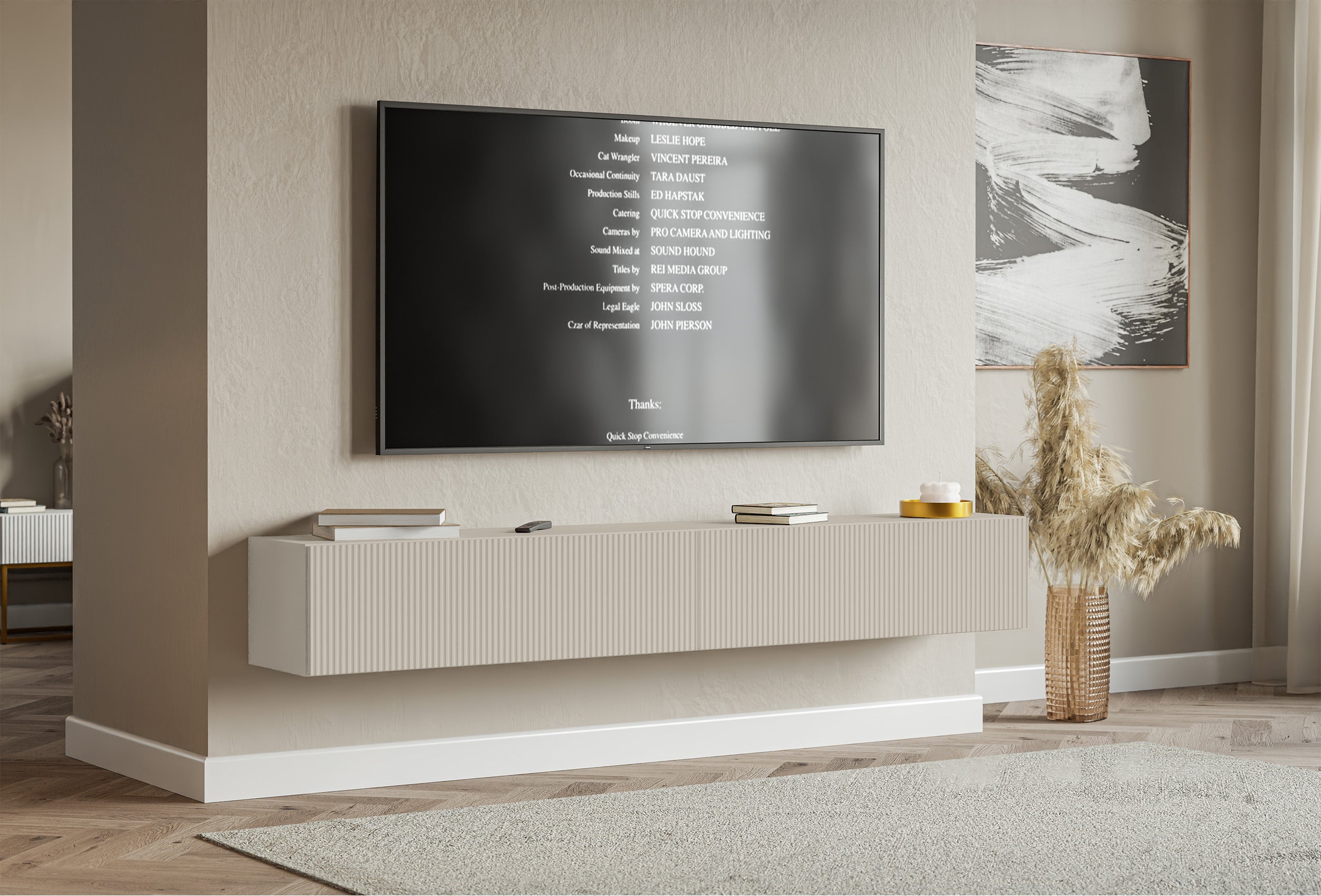 Meuble TV suspendu Veldio avec deux portes et façade cannelée, 200 cm, gris-beige