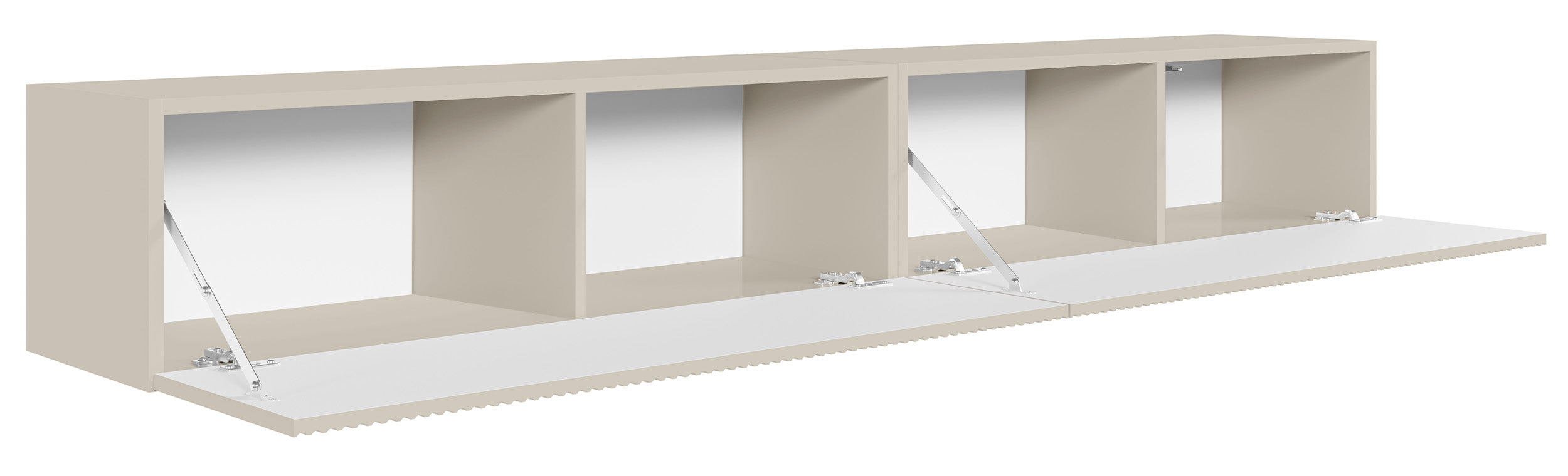 Meuble TV suspendu Veldio avec deux portes et façade cannelée, 200 cm, gris-beige