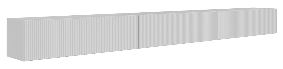 Meuble TV suspendu Veldio trois portes avec façade rainurée 300 cm blanc